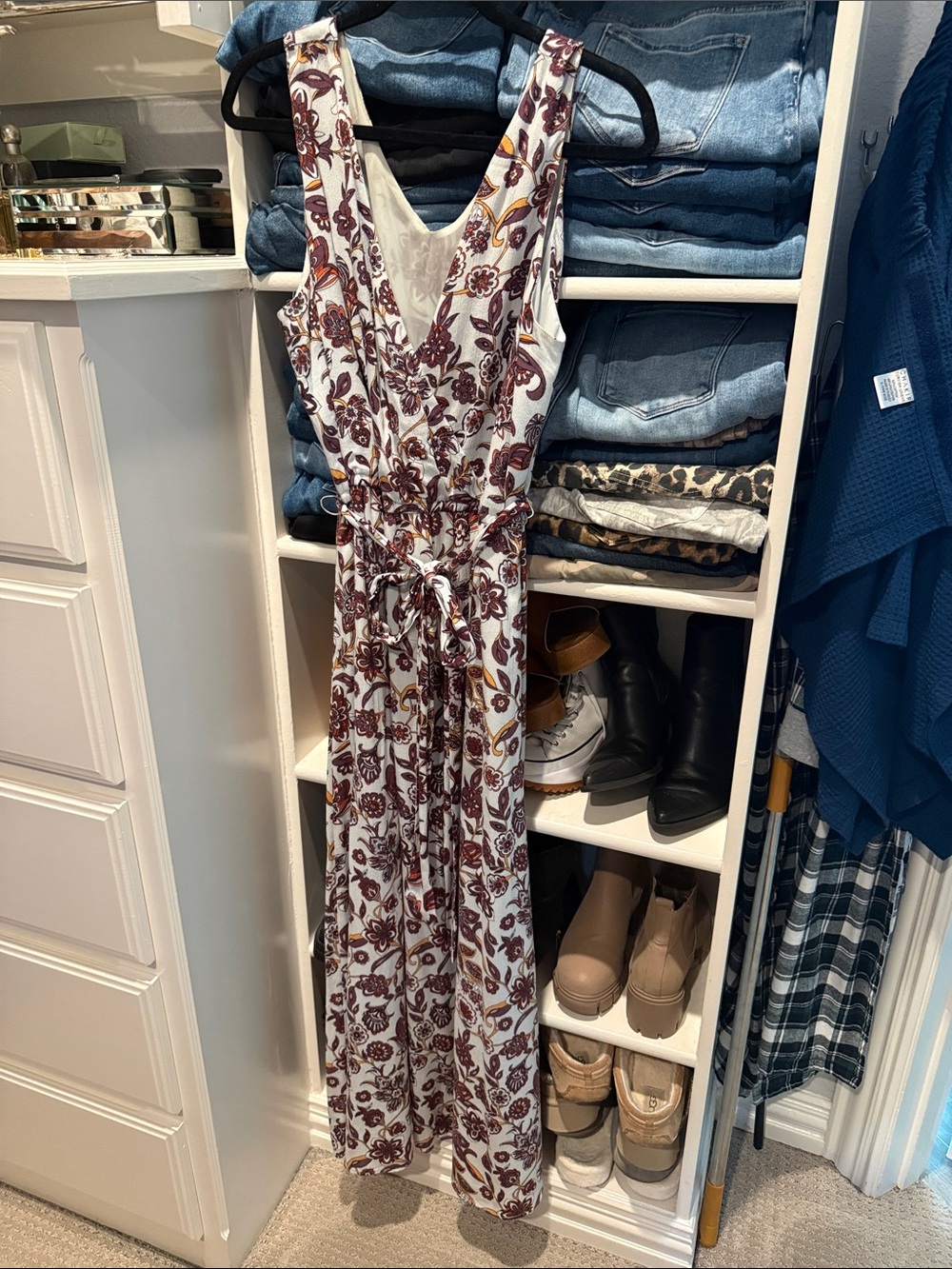 LOFT White Maxi Dress with Burgundy Floral Print